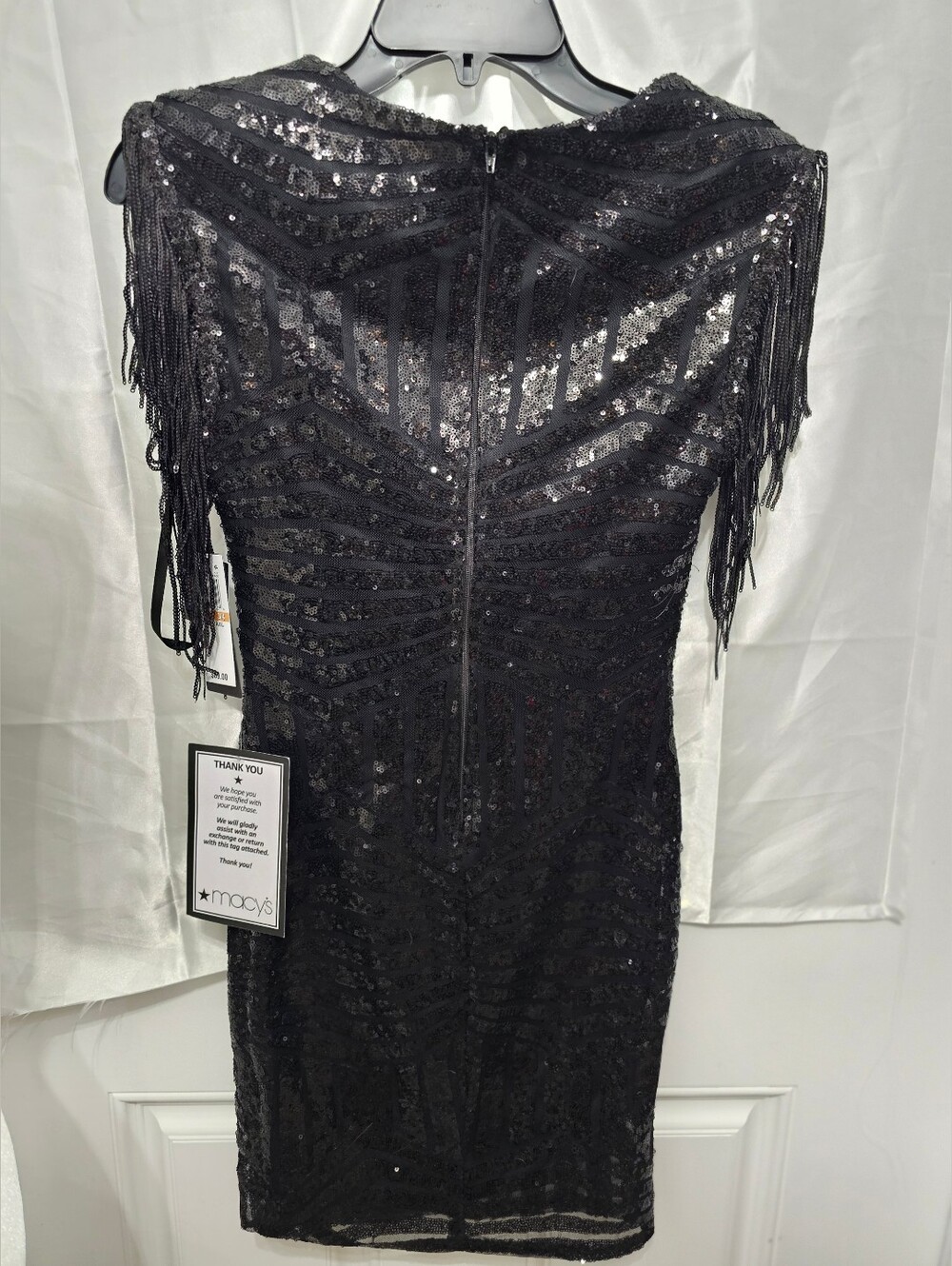 City Studio NWT Black Sequin Fringe Shoulder Bodycon Cocktail Dress 3/4 - Picture 7 of 12